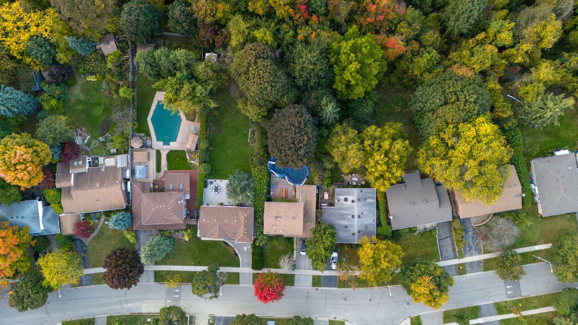 Aerial view of suburban neighborhood with houses, trees, and a swimming pool.